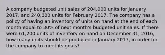 A company budgeted unit sales of 204,000 units for January 2017, and 240,000 units for February 2017. The company has a policy of having an inventory of units on hand at the end of each month equal to 30% of next month's budgeted unit sales. If there were 61,200 units of inventory on hand on December 31, 2016, how many units should be produced in January 2017, in order for the company to meet its goals?