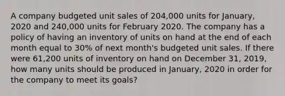 A company budgeted unit sales of 204,000 units for January, 2020 and 240,000 units for February 2020. The company has a policy of having an inventory of units on hand at the end of each month equal to 30% of next month's budgeted unit sales. If there were 61,200 units of inventory on hand on December 31, 2019, how many units should be produced in January, 2020 in order for the company to meet its goals?