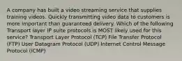 A company has built a video streaming service that supplies training videos. Quickly transmitting video data to customers is more important than guaranteed delivery. Which of the following Transport layer IP suite protocols is MOST likely used for this service? Transport Layer Protocol (TCP) File Transfer Protocol (FTP) User Datagram Protocol (UDP) Internet Control Message Protocol (ICMP)