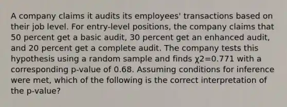 A company claims it audits its employees' transactions based on their job level. For entry-level positions, the company claims that 50 percent get a basic audit, 30 percent get an enhanced audit, and 20 percent get a complete audit. The company tests this hypothesis using a random sample and finds χ2=0.771 with a corresponding p-value of 0.68. Assuming conditions for inference were met, which of the following is the correct interpretation of the p-value?