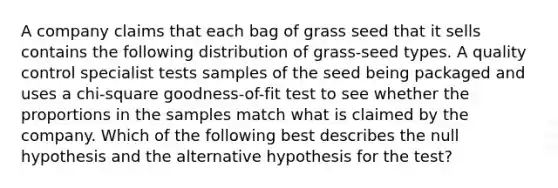 A company claims that each bag of grass seed that it sells contains the following distribution of grass-seed types. A quality control specialist tests samples of the seed being packaged and uses a chi-square goodness-of-fit test to see whether the proportions in the samples match what is claimed by the company. Which of the following best describes the null hypothesis and the alternative hypothesis for the test?