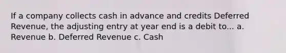 If a company collects cash in advance and credits Deferred Revenue, the adjusting entry at year end is a debit to... a. Revenue b. Deferred Revenue c. Cash