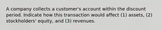 A company collects a customer's account within the discount period. Indicate how this transaction would affect (1) assets, (2) stockholders' equity, and (3) revenues.