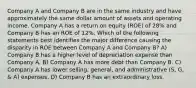 Company A and Company B are in the same industry and have approximately the same dollar amount of assets and operating income. Company A has a return on equity (ROE) of 28% and Company B has an ROE of 12%. Which of the following statements best identifies the major difference causing the disparity in ROE between Company A and Company B? A) Company B has a higher level of depreciation expense than Company A. B) Company A has more debt than Company B. C) Company A has lower selling, general, and administrative (S, G, & A) expenses. D) Company B has an extraordinary loss.