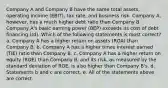 Company A and Company B have the same total assets, operating income (EBIT), tax rate, and business risk. Company A, however, has a much higher debt ratio than Company B. Company A's basic earning power (BEP) exceeds its cost of debt financing (rd). Which of the following statements is most correct? a. Company A has a higher return on assets (ROA) than Company B. b. Company A has a higher times interest earned (TIE) ratio than Company B. c. Company A has a higher return on equity (ROE) than Company B, and its risk, as measured by the standard deviation of ROE, is also higher than Company B's. d. Statements b and c are correct. e. All of the statements above are correct.