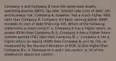 Company A and Company B have the same total assets, operating income (EBIT), tax rate, interest rate (cost of debt, rd), and business risk. Company A, however, has a much higher debt ratio than Company B. Company A's basic earning power (BEP) exceeds its cost of debt financing (rd). Which of the following statements is most correct? a. Company A has a higher return on assets (ROA) than Company B. b. Company A has a higher times interest earned (TIE) ratio than Company B. c. Company A has a higher return on equity (ROE) than Company B, and its risk, as measured by the standard deviation of ROE, is also higher than Company B's. d. Statements b and c are correct. e. All of the statements above are correct.