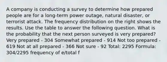 A company is conducting a survey to determine how prepared people are for a​ long-term power​ outage, natural​ disaster, or terrorist attack. The frequency distribution on the right shows the results. Use the table to answer the following question. What is the probability that the next person surveyed is very​ prepared? Very prepared - 304 Somewhat prepared - 914 Not too prepared - 619 Not at all prepared - 366 Not sure - 92 Total: 2295 Formula: 304/2295 frequency of e/total f