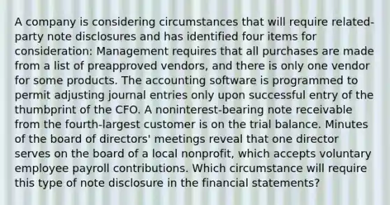 A company is considering circumstances that will require related-party note disclosures and has identified four items for consideration: Management requires that all purchases are made from a list of preapproved vendors, and there is only one vendor for some products. The accounting software is programmed to permit adjusting journal entries only upon successful entry of the thumbprint of the CFO. A noninterest-bearing note receivable from the fourth-largest customer is on the trial balance. Minutes of the board of directors' meetings reveal that one director serves on the board of a local nonprofit, which accepts voluntary employee payroll contributions. Which circumstance will require this type of note disclosure in the financial statements?