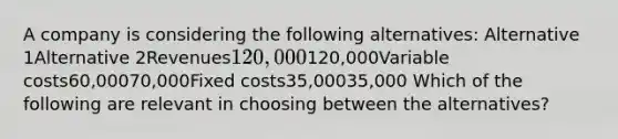 A company is considering the following alternatives: Alternative 1Alternative 2Revenues120,000120,000Variable costs60,00070,000Fixed costs35,00035,000 Which of the following are relevant in choosing between the alternatives?