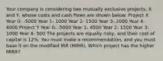 Your company is considering two mutually exclusive projects, X and Y, whose costs and cash flows are shown below: Project X Year 0- -5000 Year 1- 1000 Year 2- 1500 Year 3- 2000 Year 4- 4000 Project Y Year 0- -5000 Year 1- 4500 Year 2- 1500 Year 3- 1000 Year 4- 500 The projects are equally risky, and their cost of capital is 12%. You must make a recommendation, and you must base it on the modified IRR (MIRR). Which project has the higher MIRR?