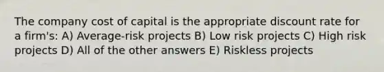 The company cost of capital is the appropriate discount rate for a firm's: A) Average-risk projects B) Low risk projects C) High risk projects D) All of the other answers E) Riskless projects