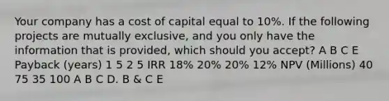 Your company has a cost of capital equal to 10%. If the following projects are mutually exclusive, and you only have the information that is provided, which should you accept? A B C E Payback (years) 1 5 2 5 IRR 18% 20% 20% 12% NPV (Millions) 40 75 35 100 A B C D. B & C E