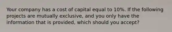 Your company has a cost of capital equal to 10%. If the following projects are mutually exclusive, and you only have the information that is provided, which should you accept?