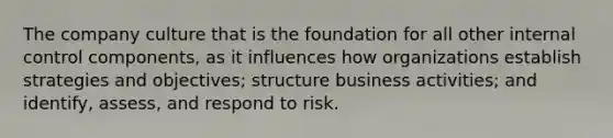 The company culture that is the foundation for all other internal control components, as it influences how organizations establish strategies and objectives; structure business activities; and identify, assess, and respond to risk.