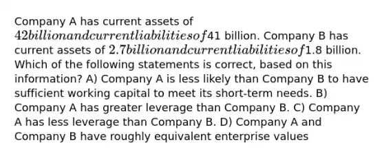 Company A has current assets of 42 billion and current liabilities of41 billion. Company B has current assets of 2.7 billion and current liabilities of1.8 billion. Which of the following statements is correct, based on this information? A) Company A is less likely than Company B to have sufficient working capital to meet its short-term needs. B) Company A has greater leverage than Company B. C) Company A has less leverage than Company B. D) Company A and Company B have roughly equivalent enterprise values