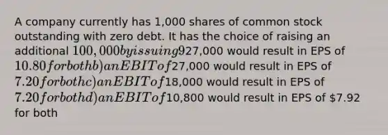 A company currently has 1,000 shares of common stock outstanding with zero debt. It has the choice of raising an additional 100,000 by issuing 9% long-term debt, or issuing 500 shares of common stock. The company has a 40% tax rate. What level of earnings before interest and taxes would result in the same earnings per share for the two financing options? a) an EBIT of27,000 would result in EPS of 10.80 for both b) an EBIT of27,000 would result in EPS of 7.20 for both c) an EBIT of18,000 would result in EPS of 7.20 for both d) an EBIT of10,800 would result in EPS of 7.92 for both