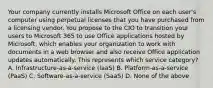 Your company currently installs Microsoft Office on each user's computer using perpetual licenses that you have purchased from a licensing vendor. You propose to the CIO to transition your users to Microsoft 365 to use Office applications hosted by Microsoft, which enables your organization to work with documents in a web browser and also receive Office application updates automatically. This represents which service category? A. Infrastructure-as-a-service (IaaS) B. Platform-as-a-service (PaaS) C. Software-as-a-service (SaaS) D. None of the above