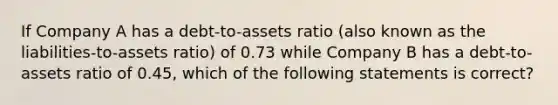 If Company A has a debt-to-assets ratio (also known as the liabilities-to-assets ratio) of 0.73 while Company B has a debt-to-assets ratio of 0.45, which of the following statements is correct?