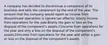 A company has decided to discontinue a component of its business and sells the component by the end of the year. The amount that the company would report as income from discontinued operations is (ignore tax effects): A)only income from operations for the year.B)only the gain or loss on the disposal of the component's assets.C)income from operations for the year and only a loss on the disposal of the component's assets.D)income from operations for the year and either a gain or loss on the disposal of the component's assets.