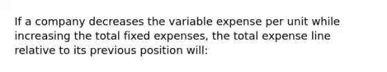 If a company decreases the variable expense per unit while increasing the total fixed expenses, the total expense line relative to its previous position will: