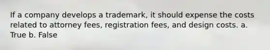 If a company develops a trademark, it should expense the costs related to attorney fees, registration fees, and design costs. a. True b. False