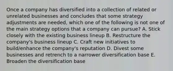 Once a company has diversified into a collection of related or unrelated businesses and concludes that some strategy adjustments are needed, which one of the following is not one of the main strategy options that a company can pursue? A. Stick closely with the existing business lineup B. Restructure the company's business lineup C. Craft new initiatives to build/enhance the company's reputation D. Divest some businesses and retrench to a narrower diversification base E. Broaden the diversification base