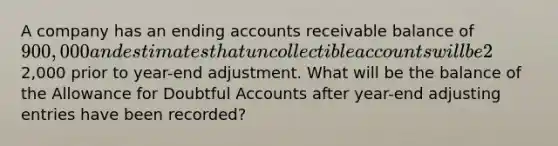 A company has an ending accounts receivable balance of 900,000 and estimates that uncollectible accounts will be 2% of its accounts receivable balance. If the Allowance for Doubtful Accounts has a credit balance of2,000 prior to year-end adjustment. What will be the balance of the Allowance for Doubtful Accounts after year-end adjusting entries have been recorded?