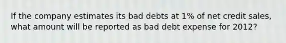 If the company estimates its bad debts at 1% of net credit sales, what amount will be reported as bad debt expense for 2012?