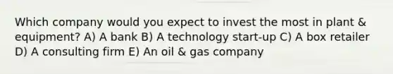 Which company would you expect to invest the most in plant & equipment? A) A bank B) A technology start-up C) A box retailer D) A consulting firm E) An oil & gas company