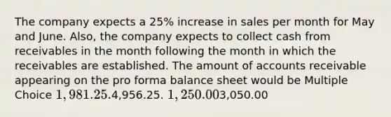 The company expects a 25% increase in sales per month for May and June. Also, the company expects to collect cash from receivables in the month following the month in which the receivables are established. The amount of accounts receivable appearing on the pro forma balance sheet would be Multiple Choice 1,981.25.4,956.25. 1,250.003,050.00