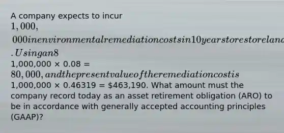 A company expects to incur 1,000,000 in environmental remediation costs in 10 years to restore land at one of the production sites it is currently operating. Using an 8% interest rate, the implied annual interest is1,000,000 × 0.08 = 80,000, and the present value of the remediation cost is1,000,000 × 0.46319 = 463,190. What amount must the company record today as an asset retirement obligation (ARO) to be in accordance with <a href='https://www.questionai.com/knowledge/kwjD9YtMH2-generally-accepted-accounting-principles' class='anchor-knowledge'>generally accepted accounting principles</a> (GAAP)?