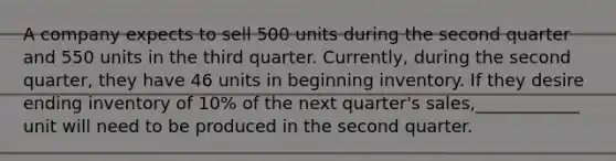 A company expects to sell 500 units during the second quarter and 550 units in the third quarter. Currently, during the second quarter, they have 46 units in beginning inventory. If they desire ending inventory of 10% of the next quarter's sales,____________ unit will need to be produced in the second quarter.