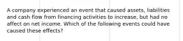 A company experienced an event that caused assets, liabilities and cash flow from financing activities to increase, but had no affect on net income. Which of the following events could have caused these effects?