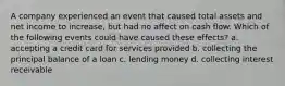 A company experienced an event that caused total assets and net income to increase, but had no affect on cash flow. Which of the following events could have caused these effects? a. accepting a credit card for services provided b. collecting the principal balance of a loan c. lending money d. collecting interest receivable