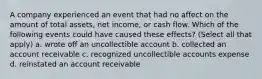 A company experienced an event that had no affect on the amount of total assets, net income, or cash flow. Which of the following events could have caused these effects? (Select all that apply) a. wrote off an uncollectible account b. collected an account receivable c. recognized uncollectible accounts expense d. reinstated an account receivable