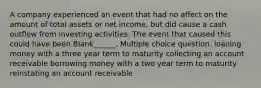 A company experienced an event that had no affect on the amount of total assets or net income, but did cause a cash outflow from investing activities. The event that caused this could have been Blank______. Multiple choice question. loaning money with a three year term to maturity collecting an account receivable borrowing money with a two year term to maturity reinstating an account receivable