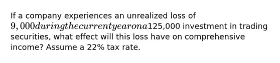 If a company experiences an unrealized loss of 9,000 during the current year on a125,000 investment in trading securities, what effect will this loss have on comprehensive income? Assume a 22% tax rate.