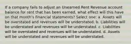 If a company fails to adjust an Unearned Rent Revenue account balance for rent that has been earned, what effect will this have on that month's financial statements? Select one: a. Assets will be overstated and revenues will be understated. b. Liabilities will be understated and revenues will be understated. c. Liabilities will be overstated and revenues will be understated. d. Assets will be understated and revenues will be understated.