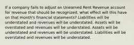 If a company fails to adjust an Unearned Rent Revenue account for revenue that should be recognized, what effect will this have on that month's financial statements? Liabilities will be understated and revenues will be understated. Assets will be overstated and revenues will be understated. Assets will be understated and revenues will be understated. Liabilities will be overstated and revenues will be understated.