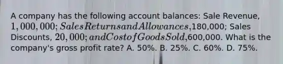 A company has the following account balances: Sale Revenue, 1,000,000; Sales Returns and Allowances,180,000; Sales Discounts, 20,000; and Cost of Goods Sold,600,000. What is the company's gross profit rate? A. 50%. B. 25%. C. 60%. D. 75%.