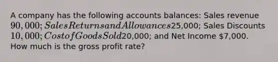 A company has the following accounts balances: Sales revenue 90,000; Sales Returns and Allowances25,000; Sales Discounts 10,000; Cost of Goods Sold20,000; and Net Income 7,000. How much is the gross profit rate?