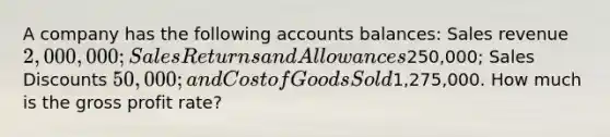 A company has the following accounts balances: Sales revenue 2,000,000; Sales Returns and Allowances250,000; Sales Discounts 50,000; and Cost of Goods Sold1,275,000. How much is the gross profit rate?