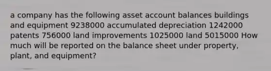 a company has the following asset account balances buildings and equipment 9238000 accumulated depreciation 1242000 patents 756000 land improvements 1025000 land 5015000 How much will be reported on the balance sheet under property, plant, and equipment?