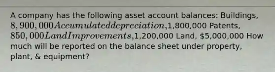 A company has the following asset account balances: Buildings, 8,900,000 Accumulated depreciation,1,800,000 Patents, 850,000 Land Improvements,1,200,000 Land, 5,000,000 How much will be reported on the balance sheet under property, plant, & equipment?