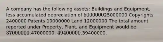 A company has the following assets: Buildings and Equipment, less accumulated depreciation of 500000025000000 Copyrights 2400000 Patents 10000000 Land 12000000 The total amount reported under Property, Plant, and Equipment would be 37000000.47000000. 49400000.39400000.