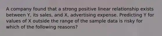 A company found that a strong positive linear relationship exists between Y, its sales, and X, advertising expense. Predicting Y for values of X outside the range of the sample data is risky for which of the following reasons?