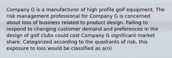 Company G is a manufacturer of high profile golf equipment. The <a href='https://www.questionai.com/knowledge/k3EuyhLW2G-risk-management' class='anchor-knowledge'>risk management</a> professional for Company G is concerned about loss of business related to product design. Failing to respond to changing customer demand and preferences in the design of golf clubs could cost Company G significant market share. Categorized according to the quadrants of risk, this exposure to loss would be classified as a(n)