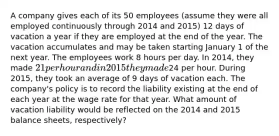 A company gives each of its 50 employees (assume they were all employed continuously through 2014 and 2015) 12 days of vacation a year if they are employed at the end of the year. The vacation accumulates and may be taken starting January 1 of the next year. The employees work 8 hours per day. In 2014, they made 21 per hour and in 2015 they made24 per hour. During 2015, they took an average of 9 days of vacation each. The company's policy is to record the liability existing at the end of each year at the wage rate for that year. What amount of vacation liability would be reflected on the 2014 and 2015 balance sheets, respectively?