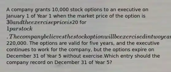 A company grants 10,000 stock options to an executive on January 1 of Year 1 when the market price of the option is 30 and the exercise price is20 for 1 par stock. The company believes the stock option will be exercised in two years and that the compensation is valued at220,000. The options are valid for five years, and the executive continues to work for the company, but the options expire on December 31 of Year 5 without exercise.Which entry should the company record on December 31 of Year 5?