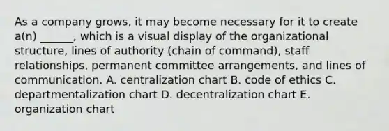 As a company grows, it may become necessary for it to create a(n) ______, which is a visual display of the organizational structure, lines of authority (chain of command), staff relationships, permanent committee arrangements, and lines of communication. A. centralization chart B. code of ethics C. departmentalization chart D. decentralization chart E. organization chart